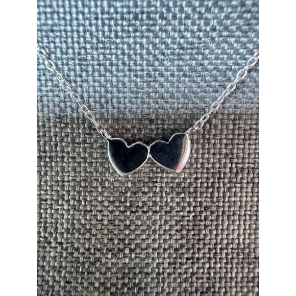 Sterling Silver Double Heart Pendant Necklace 925 LA TH Marking - Picture 1 of 6